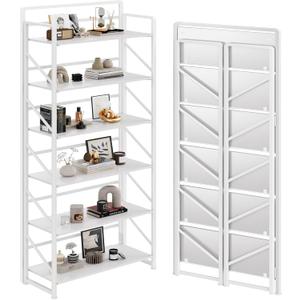 JSB No Assembly Folding Bookshelf, 6 Tier Industrial Metal Book Shelf for Storage, Vintage Wood Foldable Bookcase for Living Room, Bedroom, Office Organization Shelves (All White)