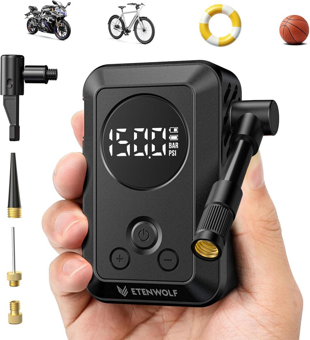 ETENWOLF Mini Bike Pump,20s Fast Inflate Bicycle Pump with Guage,150PSI Portable Electric Bike Air Pump with Presta and Schrader Valve for Mountain Bike,Road Bike,Motorcycle,Car,Sport Ball (Black)