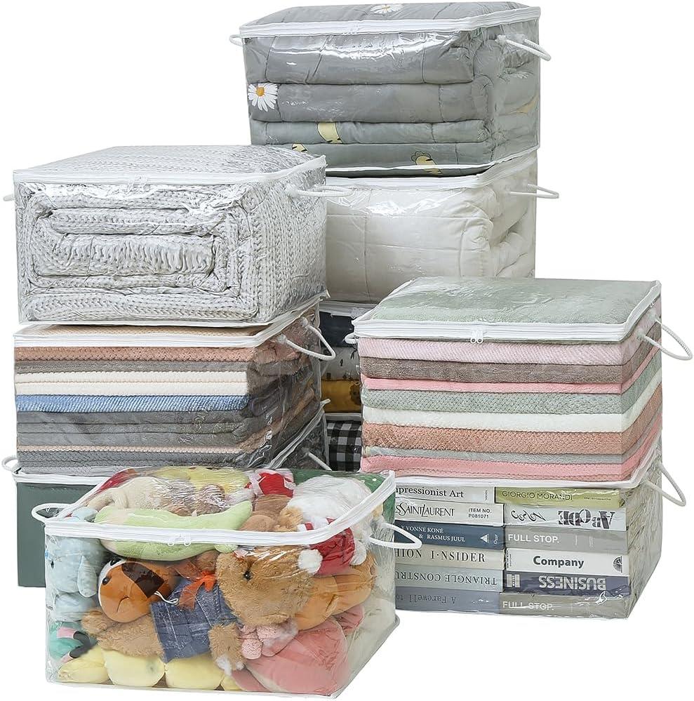 10 PCS Clear Zippered Storage Bags with Handle, Sweater Storage with Zipper, Foldable Closet Organizer Bed Sheet Organizer, Cube Plastic Organizer, Bag, Bin for Clothes,Towel-20 * 16 * 12