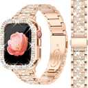 Newlibery Bling Watch Bands with Bling Case for Women Compatible with Apple Watch Band 41mm Elegant Dressy Jewelry Replacement Metal Link Wristband Protector Cover for iWatch Series 9/8/7 Rose Gold