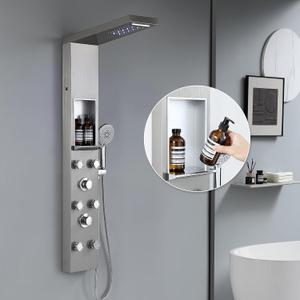 ROVATE LED Shower Panel Tower System with Shelf, Brushed Rainfall Waterfall Shower Tower with 6 Angle Adjustable Body Jets, Self-Cleaning Handheld, Powerful Shower Column Stainless Steel