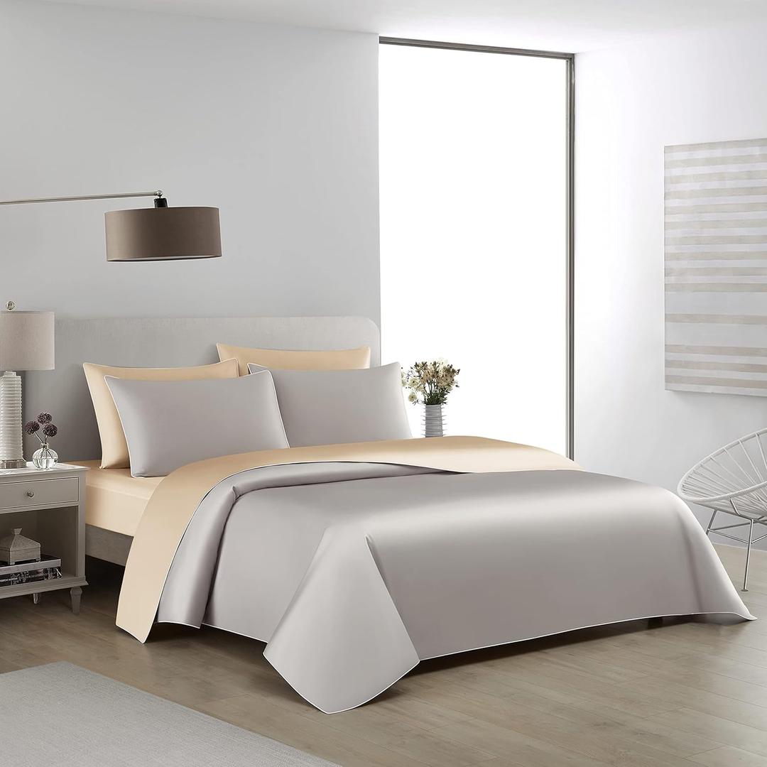 Casabolaj 3 Pieces Luxury Reversible Duvet Cover Set 800TC 100% Pima Cotton YKK Hidden Zipper Closure (Light Grey & Champagne, Queen for 3PCS Duvet Cover Set)