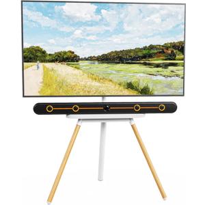 PUTORSEN Easel TV-Stand for 43-65-Inch Screens - Portable Swivel Tripod TV Stand with Wooden Tray, Height Adjustable TV Floor Stand, Max Load 77 lbs, Max VESA 400x400 mm, White