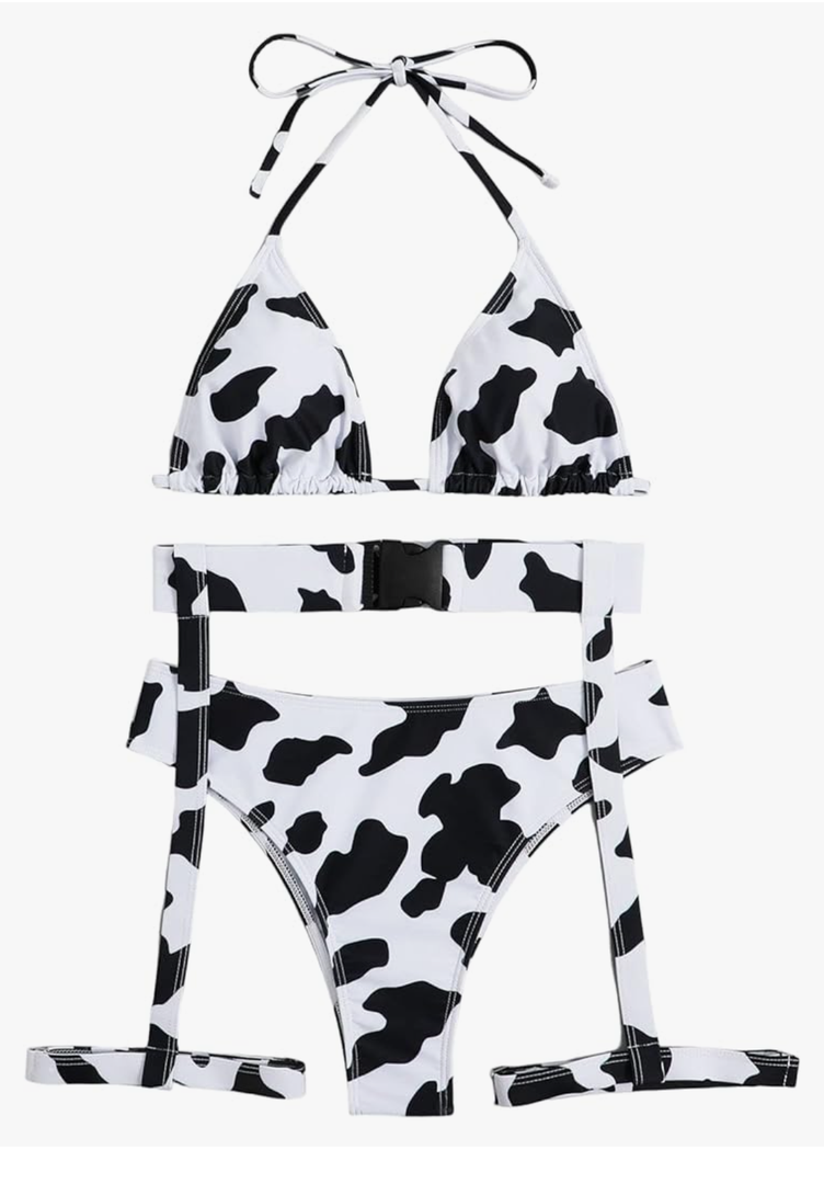 SHENHE Women's 3 Piece Cow Print Cut Out Tie Backless Halter Triangle Bikini Swimsuit Bathing Suit, Small