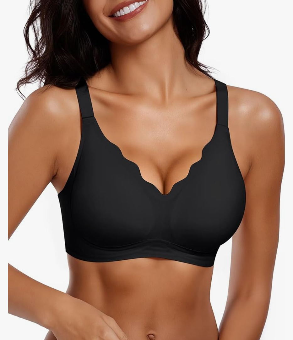 Vertvie Womens Seamless Bras No Underwire Supportive Wireless Push Up Full Coverage Bralette Comfort Scalloped T-Shirt Bra M