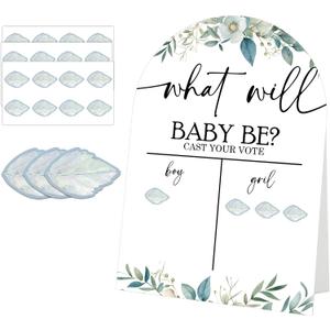 Greenery Gender Reveal Decorations - 1 Sturdy Sign With Support & 40 Green Leaves Stickers - Voting Gender Reveal Games For Boy Or Girl Ideas Games Baby Shower Supplies, Party Favors- A04