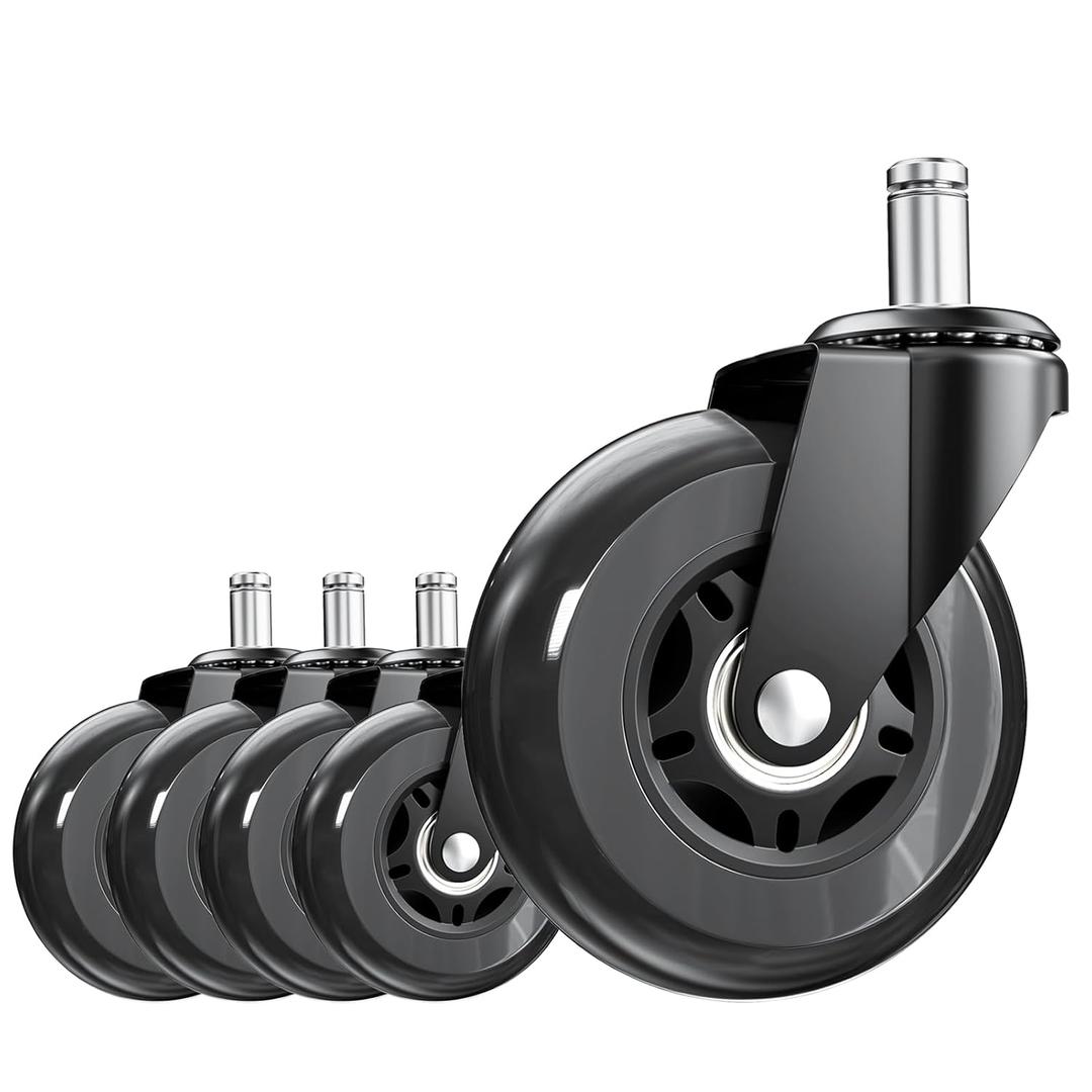 3 Inch Office Chair Wheels Set of 5, Heavy Duty Replacement Casters, Smooth Quiet Roll for Hardwood Floor Carpet, Universal 11mm Stem, Non-Marking PU WheelsBlack 5 Pack