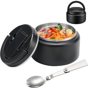 13.5oz Soup Thermo for Hot Food Kids Insulated Vacuum Food Jar with Buckle Lid,Wide Mouth Leakproof Stainless Steel Lunch Container with Spoon-Black