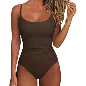 SUUKSESS Women One Piece Tummy Control Swimsuit Crisscross Backless Bathing Suit (Large, Brown)