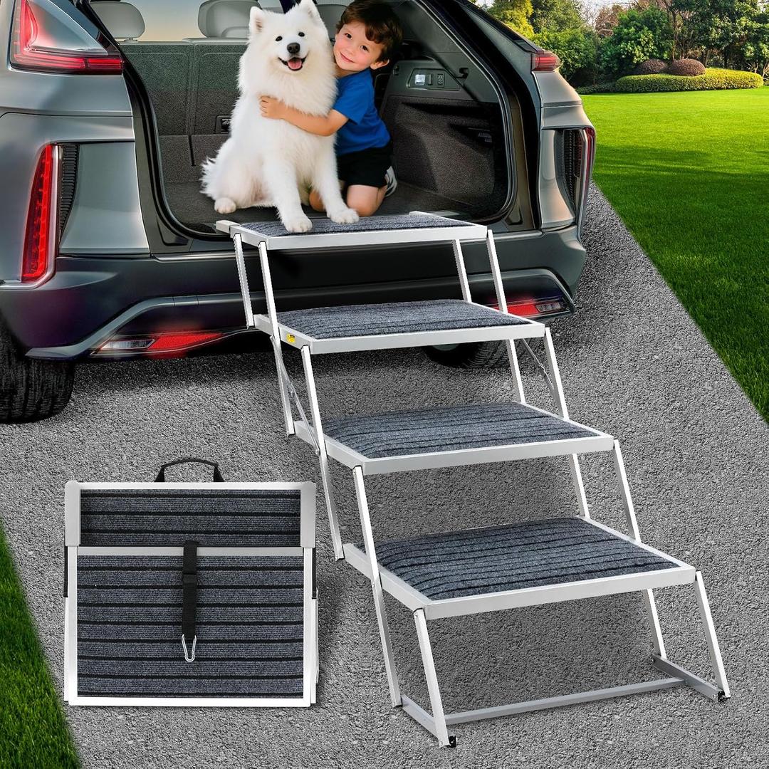 Extra Wide Dog Stairs for Large Dogs, Dog Stairs for Cars, Foldable Dog Ramp,Light Weight Aluminum,High Beds,for SUV Trucks, Supports up to 200 lbs