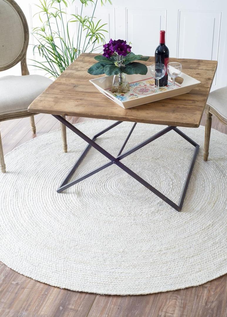 Jute Rug 4ft Round Area Rug Hand Woven Jute Beige Braided Boho Rug for Living Room Outdoor Bedroom Kitchen Entryway Farmhouse Hallway, Rustic Vintage Natural Reversible Floor Rugs: Off White