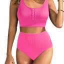 Aqua Eve Women High Waisted Bikini Set Racerback Swimsuit Two Piece Bathing Suit High Neck Swimwear (Pink, S)
