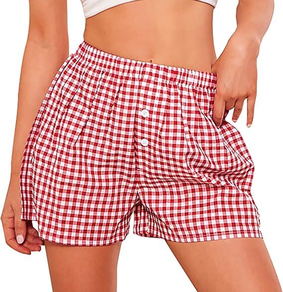 PRETTYGARDEN Womens Shorts Boxers 2025 Summer Gingham Pajama Lounge Sleep Y2K Plaid Pj Shorts Beach Bottoms M
