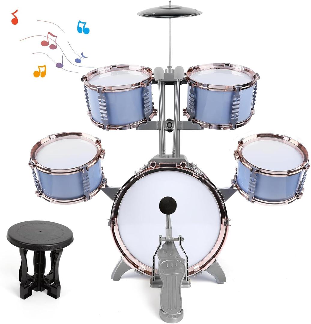 M SANMERSEN Kids Jazz Drum Set - 5 Drums with Stool - Rock Jazz Drum Kit - Musical Enlightenment Educational Toys Gift for Boys Girls (9123 Light Blue)