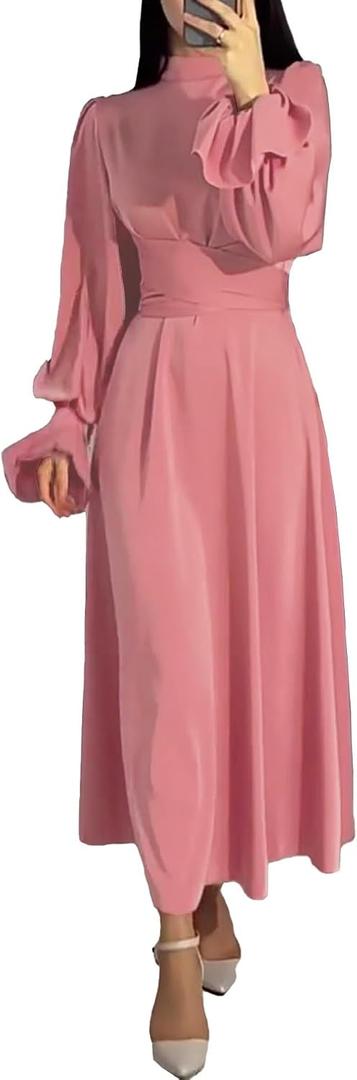 xxxiticat Women's Green Satin Dress Long Lantern Sleeve Mock Neck Puff Shoulder Tie Waist Pleated Cocktail Maxi Slip Dresses(PI, 2XL)