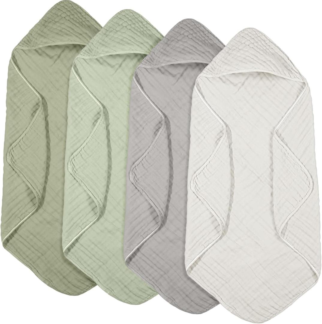 Peryiter 4 Pcs Muslin Hooded Baby Towels, 32"x 32" Cotton Newborn Bath Towel Muslin Infant Baby Blankets Absorbent Unisex Newborn Registry Gift Essentials for Girls Boys (Green, Gray, Beige)