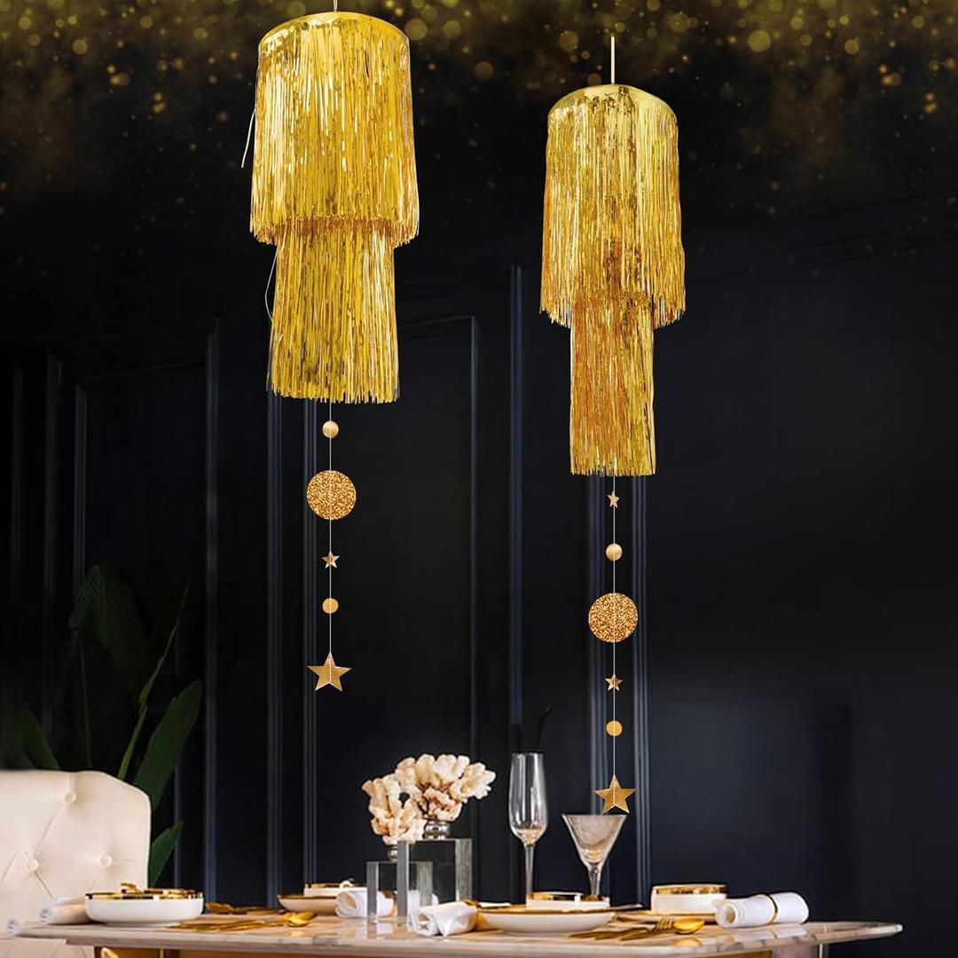 Cheerland Gold Tinsel Chandelier Mothers Day Party Decor 2 Tier Haning Fringed Circle Star Garland for Graduation Birthday Anniversary Bridal Shower Wedding Ceiling Best Mom Day Decorations Supplies