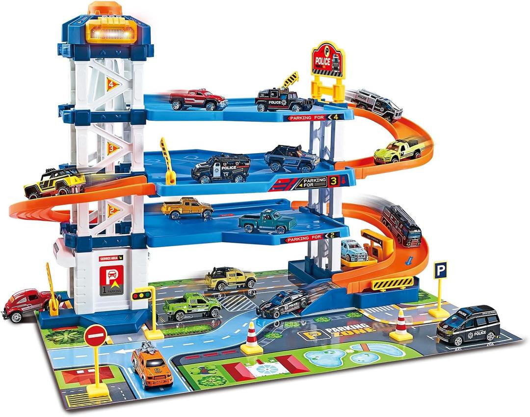 Dollox Parking Garage Toy Playset, Race Car Ramp Track Toys Sets Garage Playset with 6 Little Alloy Racer Cars Adventure Track, 3 Parking Levels Christmas Birthdays Gifts for Age 3 4 5 6 7 Boys Girls
