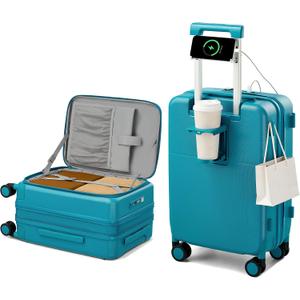 Hanke 20 Inch Expandable Carry On Luggage with Cup Holder 22x14x9 Airline Approved, Top Opening Hard Shell Suitcases with Wheels, Carry-On Travel Suitcase Trunk Luggage with Lock, Caribbean Blue