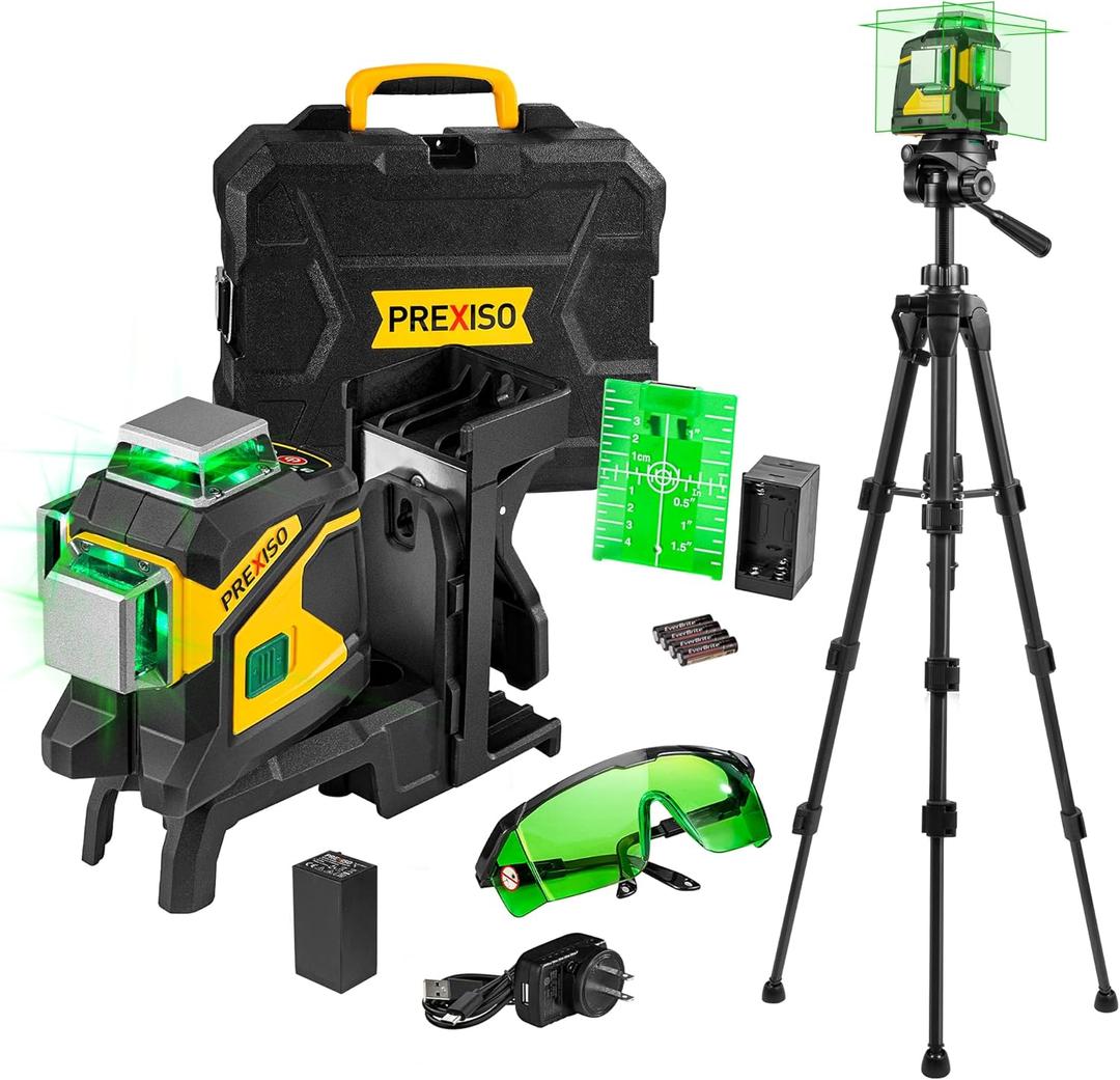 PREXISO Laser Level 3 X 360 Self Leveling with 47 Inch Tripod, Rechargeable 100 Ft Green Lazer Leveler Tool for Construction, Tile, Home Renovation with Magnetic Base, Battery Adapter, Accessories