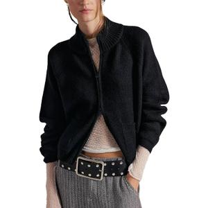 Gnveub Zip Up Sweaters for Women Long Sleeve Chunky Knit Sweater Jackets Cropped Cardigans Outerwear Coats with Pockets (Black, XS)