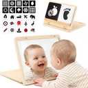 Tummy Time Play Set - Montessori Baby Safe Mirror Toy and Card Display Stand with High Contrast Black and White Cards, Adjustable Angle Large Baby Mirror and Double-Sided Design for 0-6M Newborns