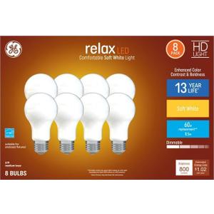 GE Relax 8-Pack 60 W Equivalent Dimmable Soft White A19 LED Light Fixture Light Bulbs