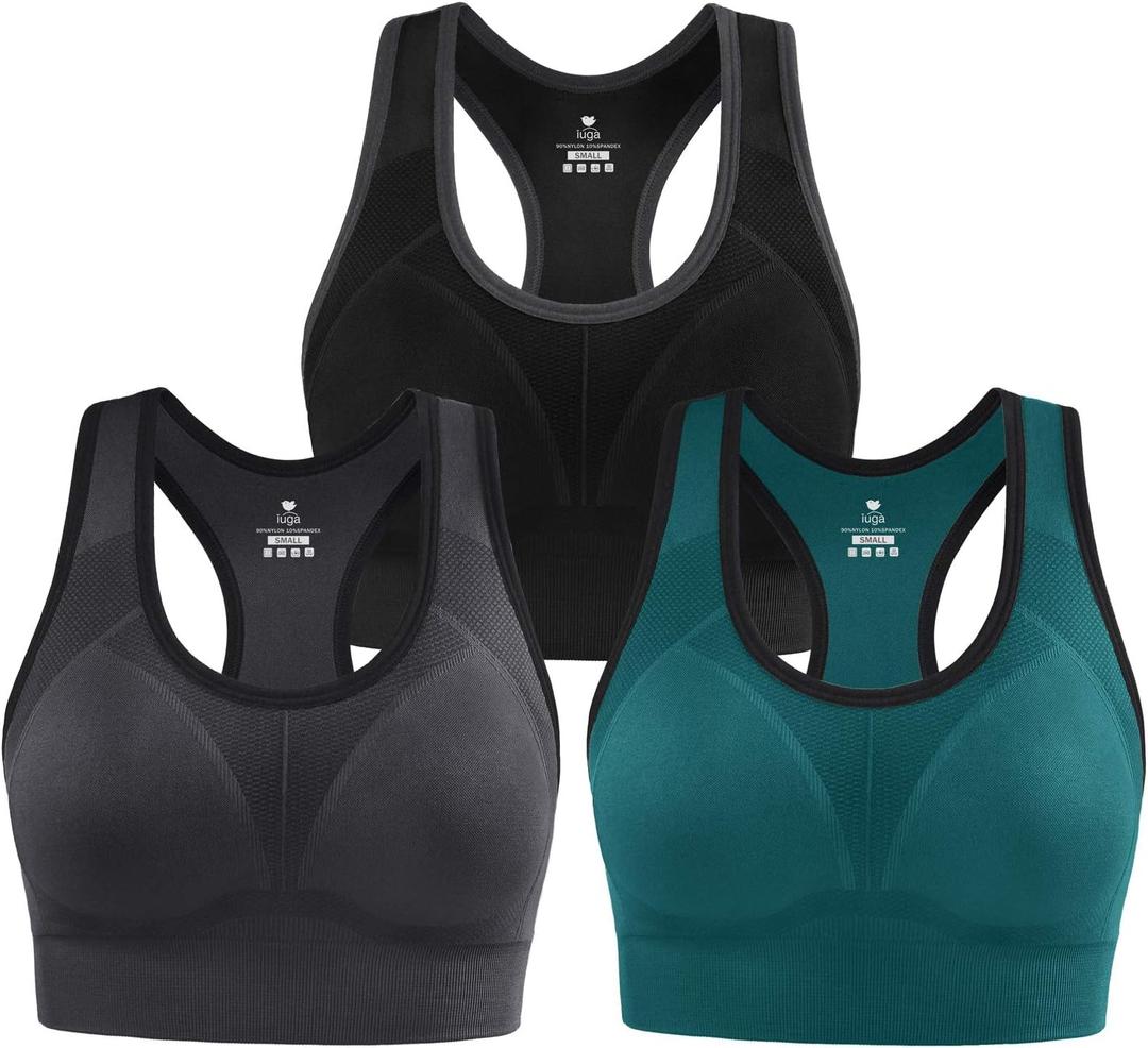 IUGA Sports Bras for Women High Impact Racerback Sports Bra Seamless Padded Sports Bra Yoga Bras Workout Bra Activewear Bra (Large, 3 Packs-black+dark Gray+green)