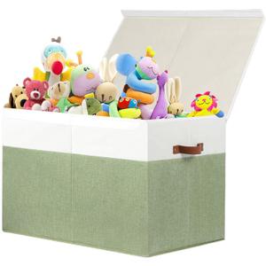 Gowee Large Toy Storage Box with Lid, Sturdy Toys Storage Chest Bin Organizer Basket with Dividers for Kids, Boys, Girls, Nursery, Closet, Bedroom, Playroom 26"x17" x17" (Green and White)
