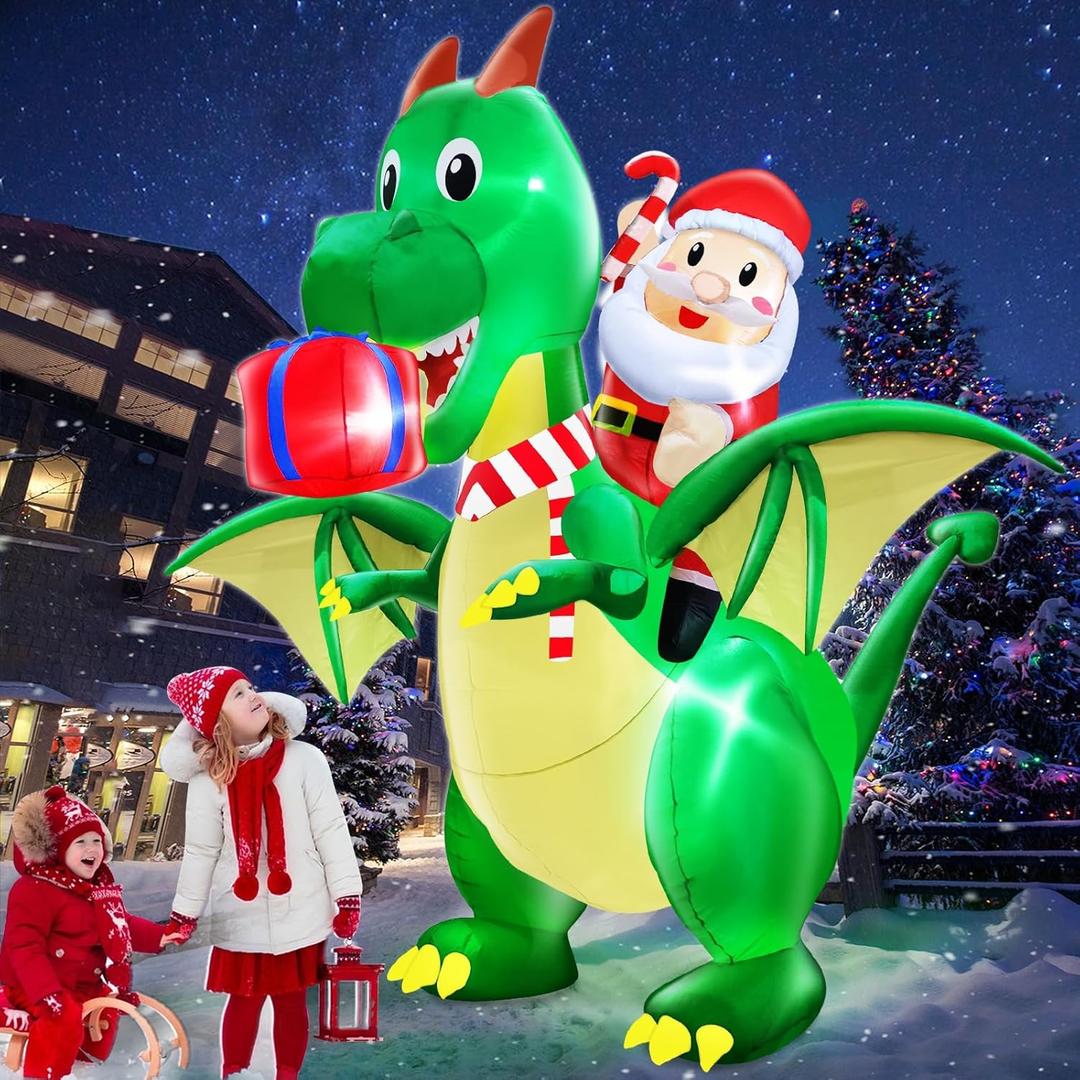 10 Ft by 10 Ft Christmas Inflatable Santa Claus Riding on Dinosaur with Wings Gift Box Pterosaur Outdoor Decor Built-in LED Lights, Blow up Xmas Dragon Inflatable Yard Party Lawn Holiday Garden Decor