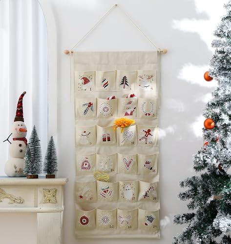MONOBLANKS Fabric Christmas Advent Calendar with Pockets,Reusable Natural 24 Days Countdown Advent Calendar Hanging Storage Bag for Xmas Holiday Home Wall Decoration (Christmas A)