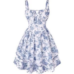 Scarlet Darkness Floral Mini Corset Dress for Women Teen 2026 Summer Spring Flowy A-Line Sundress with Pockets (Blue, S)