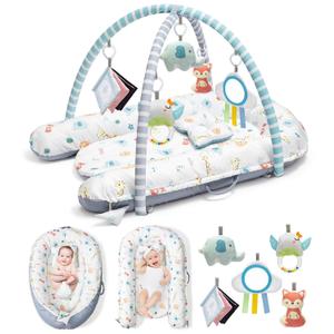 Baby Play Mat, 7-in-1 Infant Gym Mat for Sensory and Motor Development, Washable & Portable Newborn Tummy Time Activity Mat for Home & Travel, Babies Gift for 0-3-6-9-12-18 Months (Blue)