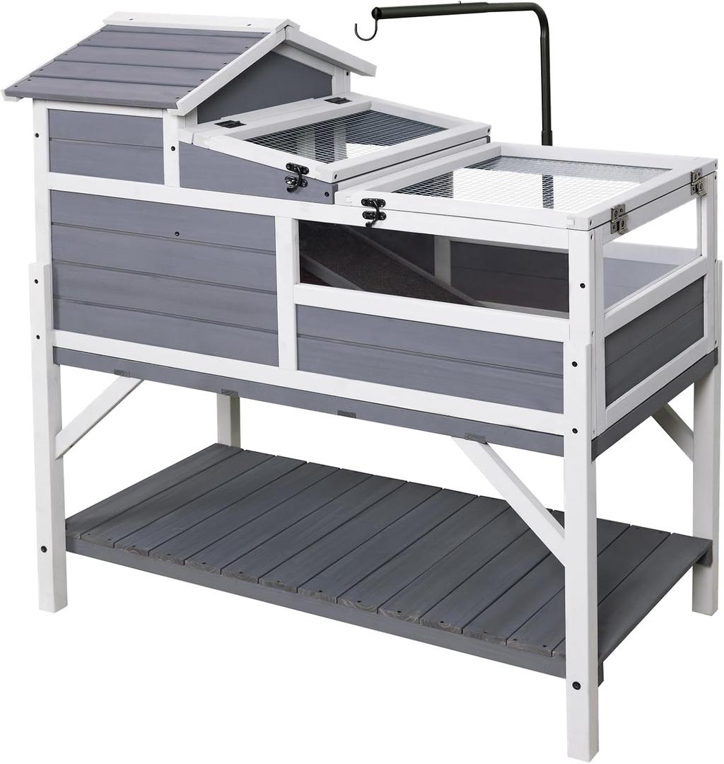 GEGURI Tortoise Habitat House Indoor Outdoor, 3-Room Wooden Turtle Enclosure Reptile Cage with Shelf Storage, Balcony & 2 Stories for Small Animals