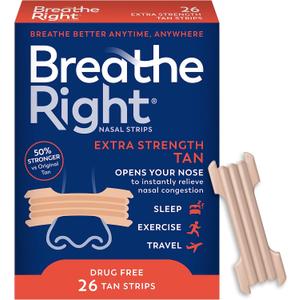 Breathe Right Nasal Strips, Extra Strength Tan Nose Strips, Drug-Free Nasal Congestion Relief for Better Breathing, Help Relieve Snoring, Caused by Colds & Allergies, Deviated Septum, 26ct