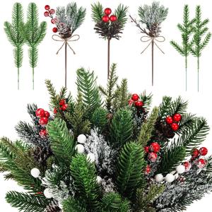 60 Pcs Christmas Artificial Green Pine Needles, Christmas Floral Picks Artificial Holly Red Berry Twig Stem Pine Snowy Cone Branches Garland Bulk for Xmas Tree Craft Holiday Winter (Elegant Style)