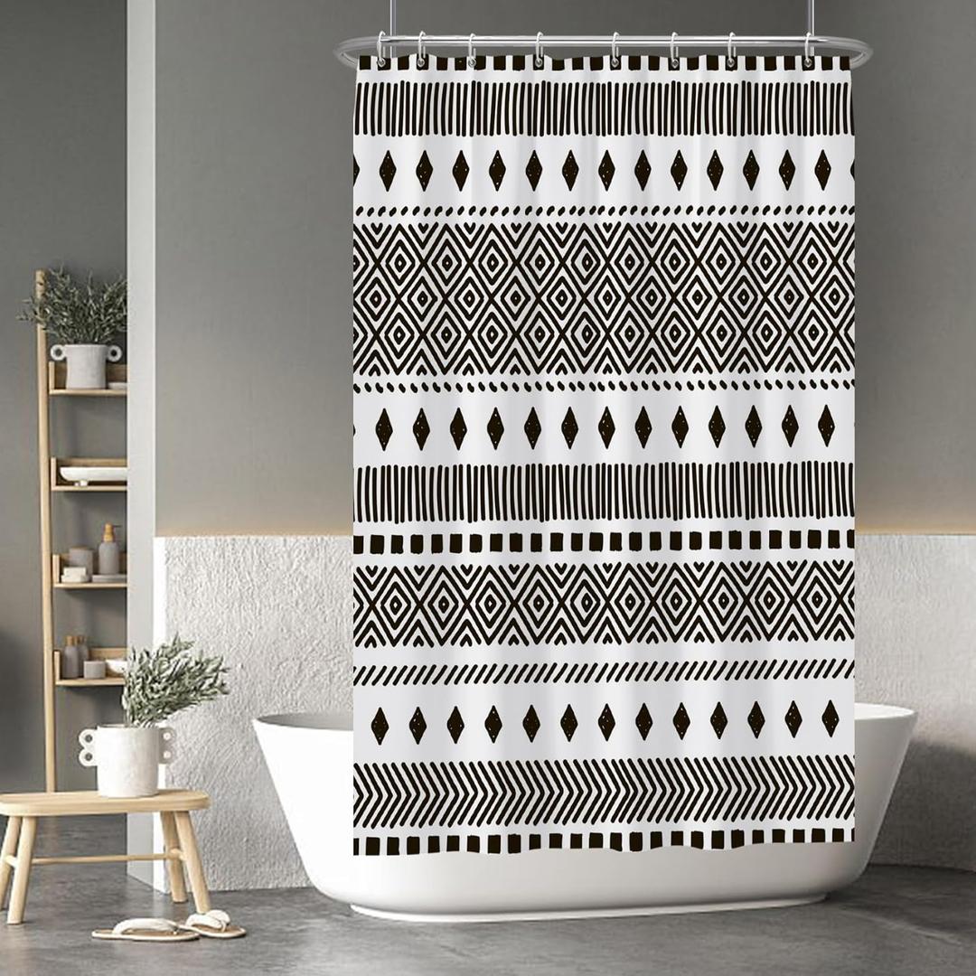 Baocicco Boho Black White Geometric Pattern Shower Curtain Hand Drawn Style Tribal Pattern Shower Curtains for Bathroom Decoration for Boys Girls Bathtub Fabric Shower Curtain with Hooks 48x72 Inches (48W x 72H)