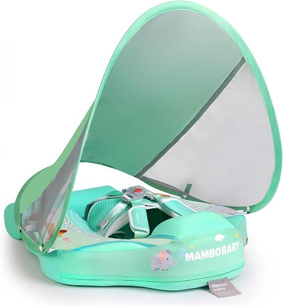 Mambobaby Float Add Tail No Flip Over Non-Inflatable Baby Swim Float Pearl Foam Solid Water Floats Smart Swim Trainer Infant Pool Float Swim Ring with Sun Canopy