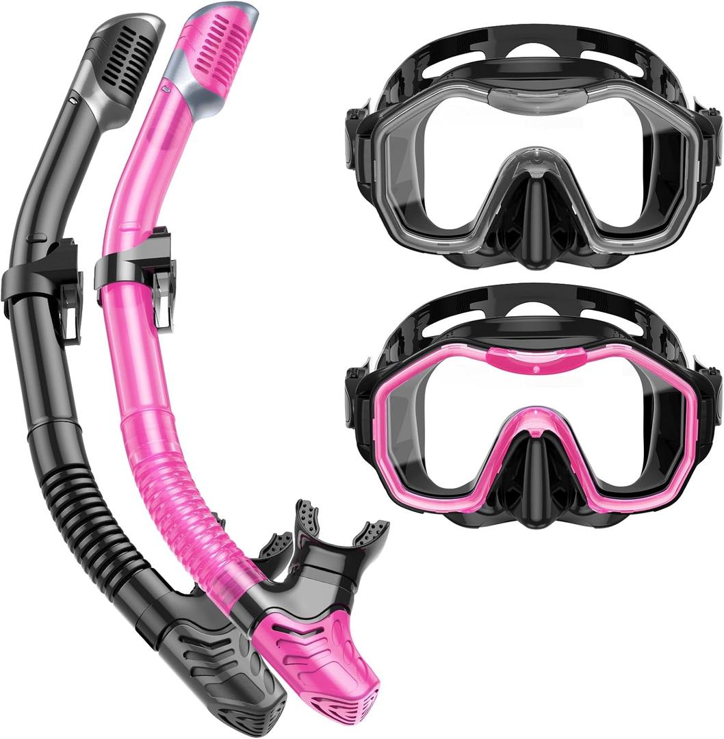 Snorkeling Gear for Adults Kids, Dry-Top Snorkel Set, 180Panoramic Wide View Diving Mask Breathing Freely Snorkel Mask for Snorkeling Scuba Diving Swimming Travel (A0-Black + Black Pink)