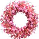 Bibelot 20inch Artificial Forsythia Flower Wreath Spring Summer Fall Wreath Silk Leaves Wreath for Front Door Wreath Porch Farmhouse Patio Garden Home Decor (Pink)