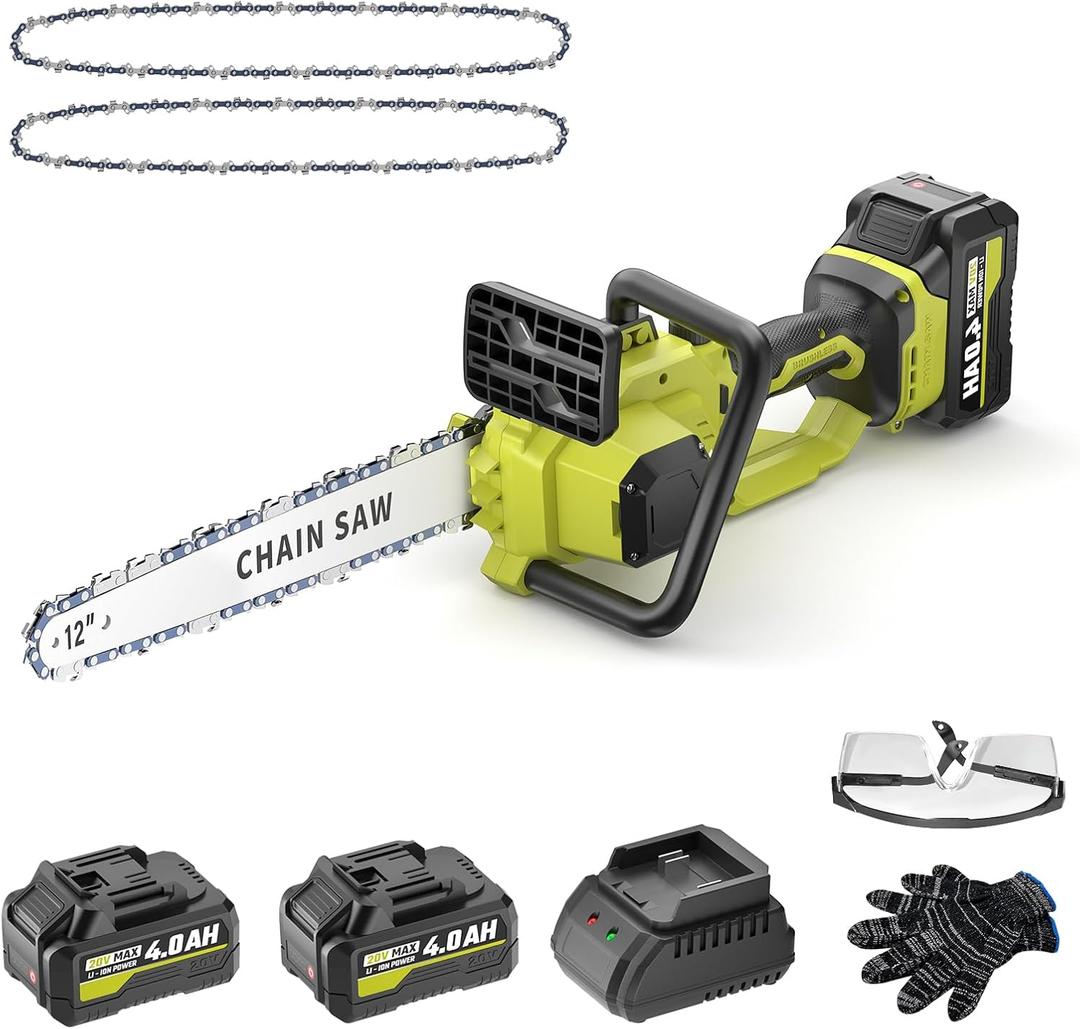 SEYVUM Brushless 12 Inch Chainsaw Cordless, 20V Battery Chainsaw with 2 x 4.0Ah Batteries, 2 x Chains, Electric Chainsaws with Tool-free Chain Tension, Auto Oiling for Wood Cutting Trimming Branch