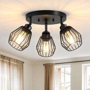 Baocuz 3-Light Kitchen Light Fixtures Ceiling Mount, Adjustable Multi-Directional Farmhouse Black Metal Cage Flush Mount Ceiling Light Fixtures for Hallway Dining Room Entryway