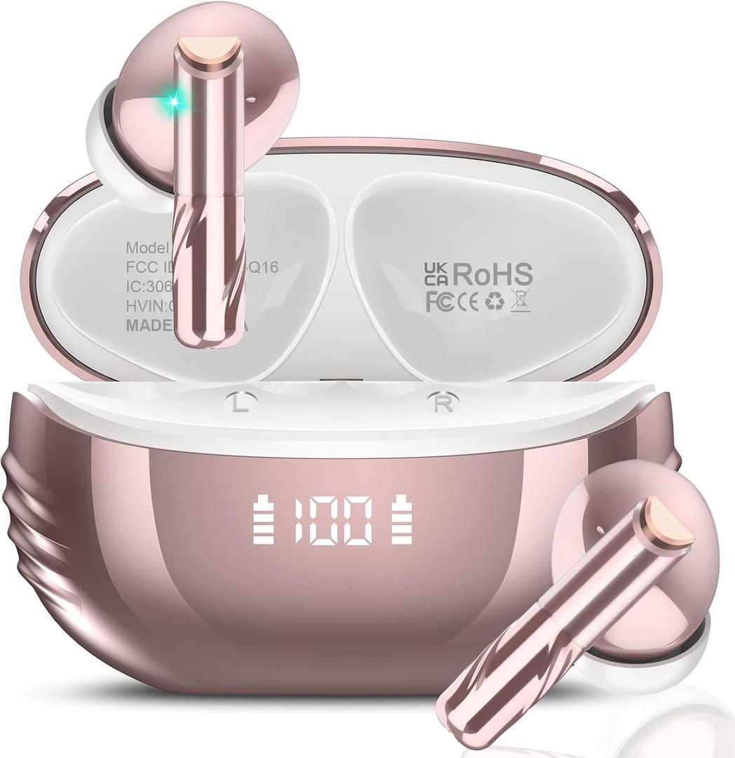 Wireless Earbuds Bluetooth 5.4 Headphones Premium Sound Ear Buds with ENC Noise Cancelling, 48H Playback in Ear Earphones with LED Display, IPX7 Waterproof Earbuds for iOS Andriod, Rose Gold
