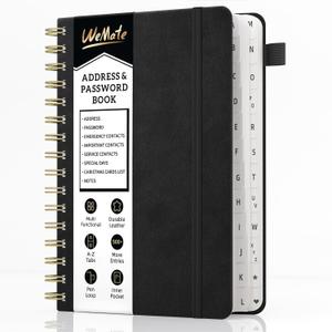 WEMATE Spiral Address Book with Alphabetical Tabs, Leather Password Book, Address Organizer Telephone Notebook Journal Keep Contact Safe Hardcover Large Print for Seniors Home Office 5.88.2, Black