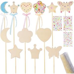 Fumwase Princess Fairy Wand Kit Include 18 Unfinished Wood in 6 Styles 3 Sheet Gem Stickers 18 Ribbons Craft Kit for Halloween Princess Fairy Cosplay Party Favors for Adult