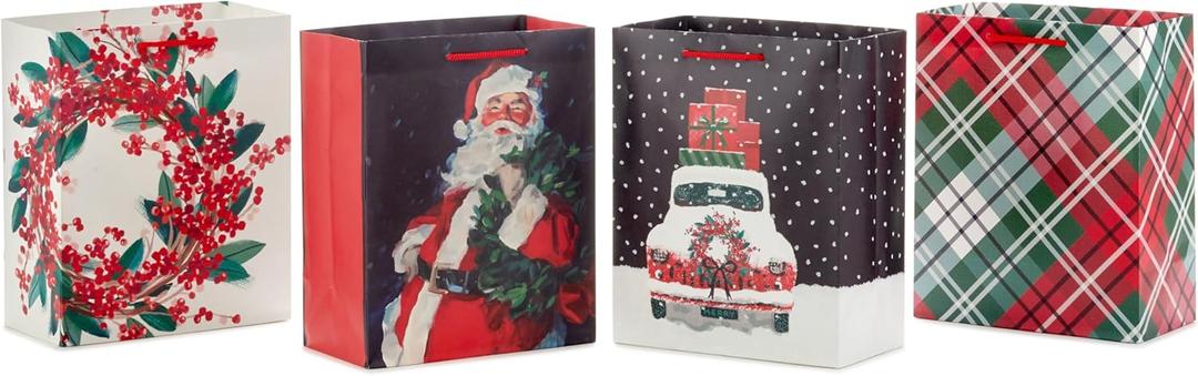 Hallmark 9" Medium Christmas Gift Bag Bundle (4 Bags: Traditional Santa, Holly Wreath, Snowy Red Car, Red and Green Plaid) for Friends, Coworkers, Teachers, Neighbors (1 Count (Pack of 4))