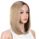 NOBLE Honey Blonde Lace Front Bob Wigs for Women T Part HD Lace Front Wigs with Brown Roots Synthetic Long Bob Wigs for Party and Daily Use (Ombre Brown Blonde with Dark Root Color) (12.5 Inch)