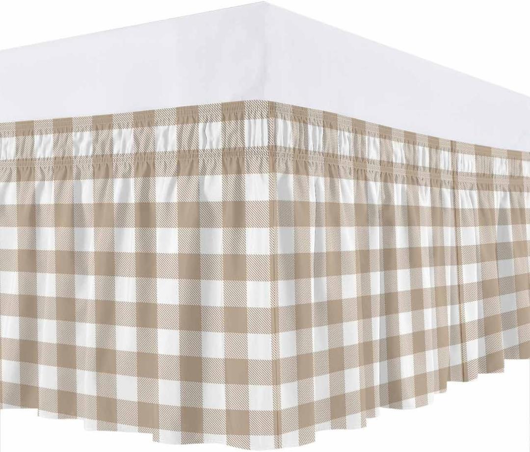 Bed Skirt Khaki Buffalo Check Plaid Bed Skirt 16 Inch Drop Farmhouse Style Elastic Wrap Around Bed Skirt Dust Ruffle for King Size Bed