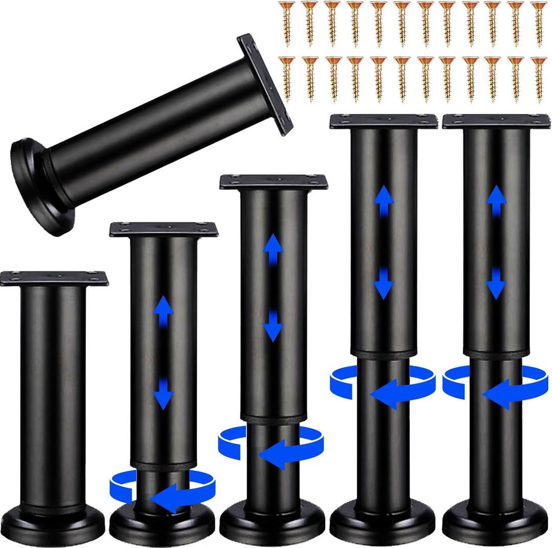 6 PCS Adjustable Furniture Couch Cabinet Legs 4.72-7.48 Inch, Heavy Duty Adjustable Height Replacement Legs for Dresser/Sofa/Bed/Chair, Legs for Furniture Set of 6 (Black)