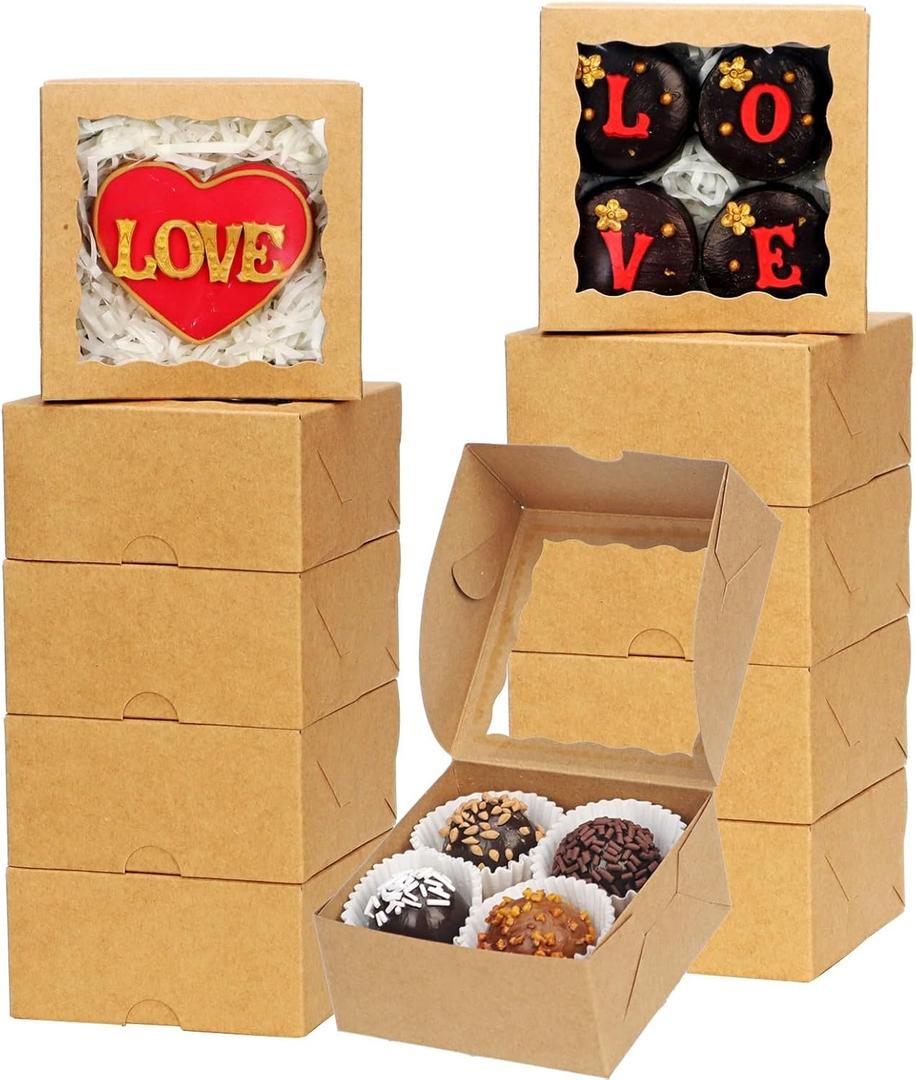 40 Pack Small Bakery Boxes 4x4x2 Inches Cookies Boxes Mini Bundt Cake Boxes Pie Boxes Cinnamon Roll Treat Packing Chocolate Truffle Box Party Wedding Favor (Brown)